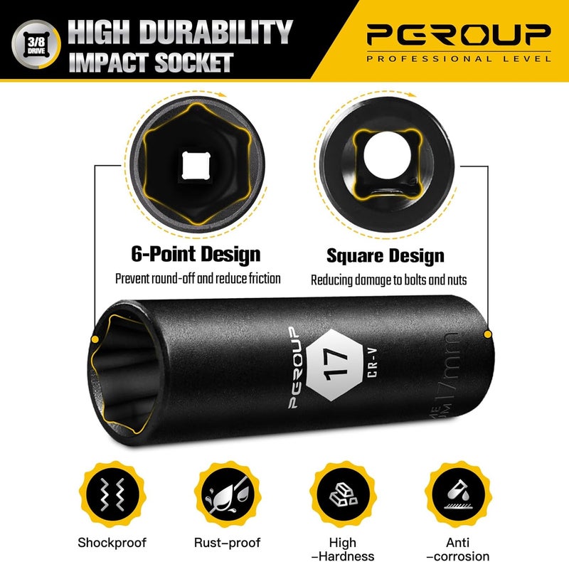 pgroup 3/8” Drive Deep Impact Socket, Metric(17mm socket), 6-Point, Cr-V Steel With Black Manganese Phosphate Coating - Image 4
